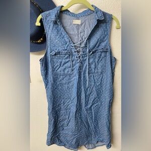 So Sleeveless Lace-Up Chambray Polka Dot Dress - Blue